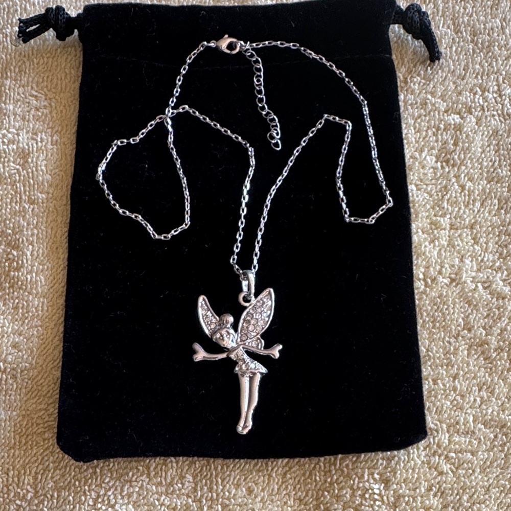Disney Peter Pan Tinkerbell Fairy Bling Silver Pendant Necklace with chain. NEW